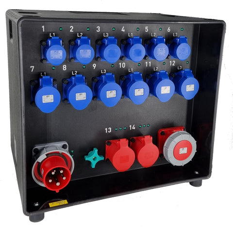 Power distribution box, ideal for the stage and events environment, supplied with PCE plugs and sockets with MCB Type C on the incoming & RCBO breakers on each outgoing socket.   Integrated HDPE handles and rubber feet. Stackable